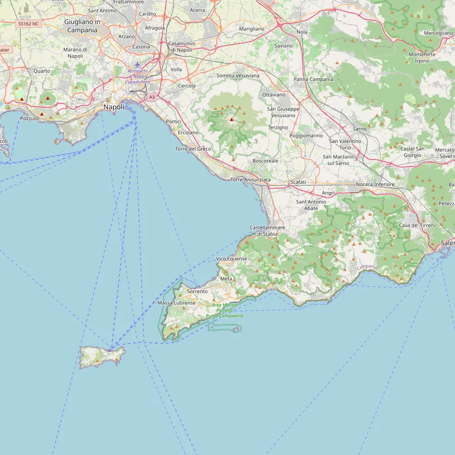 Map of the Gulf of Naples and the Sorrento Peninsula with Naples, Sorrento, Punta Campanella, Capri, Positano, Praiano and Amalfi