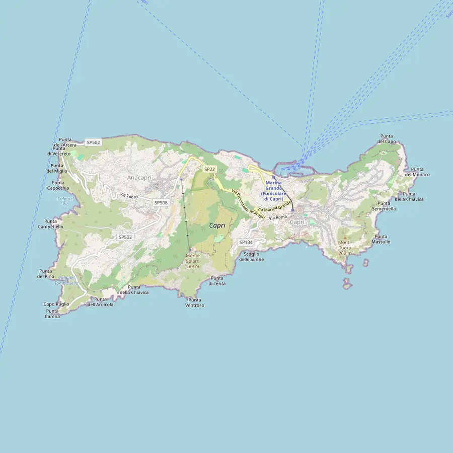 Map of Capri with Marina Grande, the Blue Grotto, Punta Carena, Marina Piccola, the Faraglioni, the Arco Naturale and the Grotta Bianca